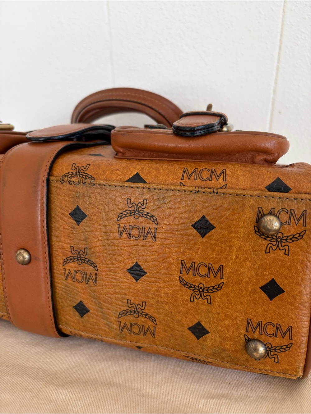 MCM Cognac Visetos coated canvas Logo Satchel w/2 Front Pockets - Picture 9 of 14